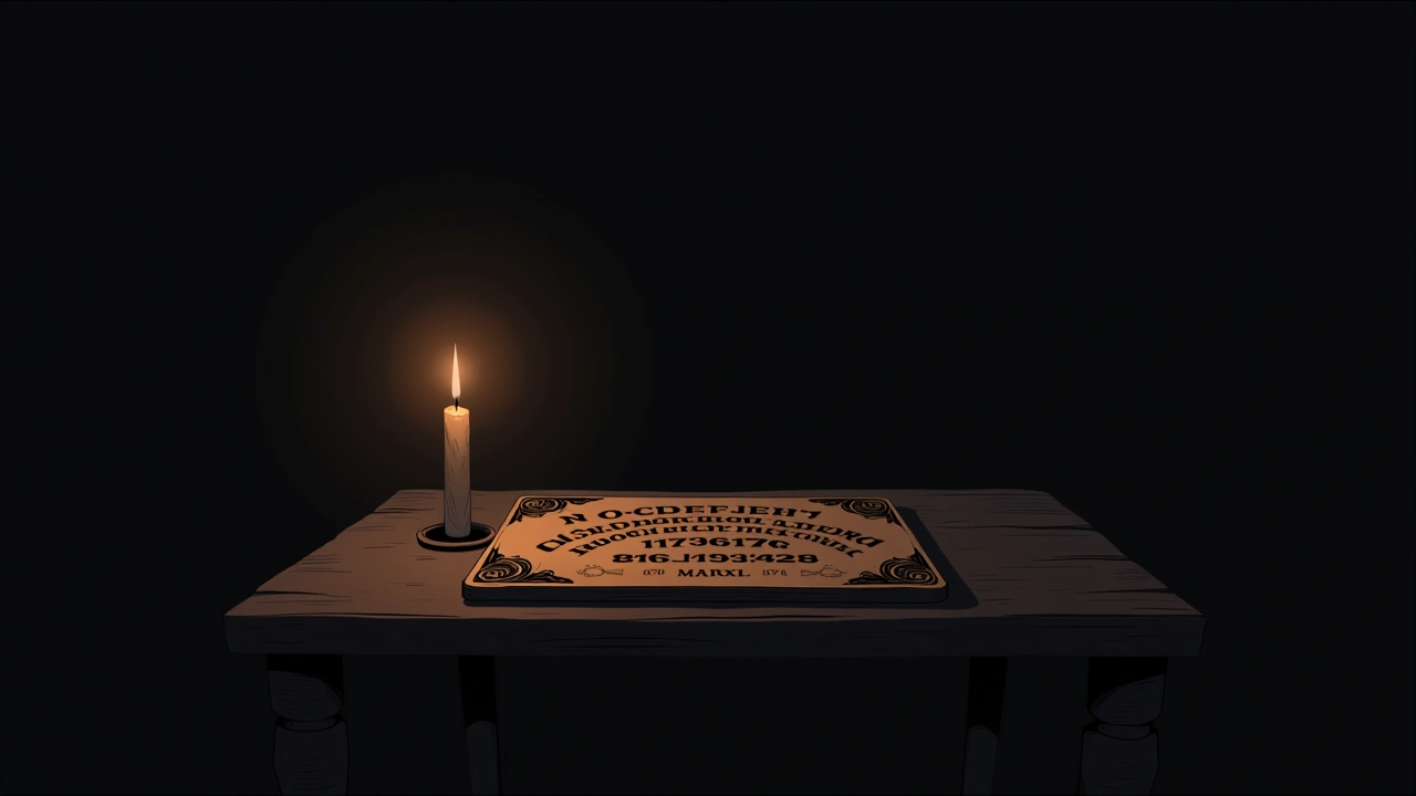 Illustration: a wooden Ouija board on a table, lit by a single candle in a dark room.
