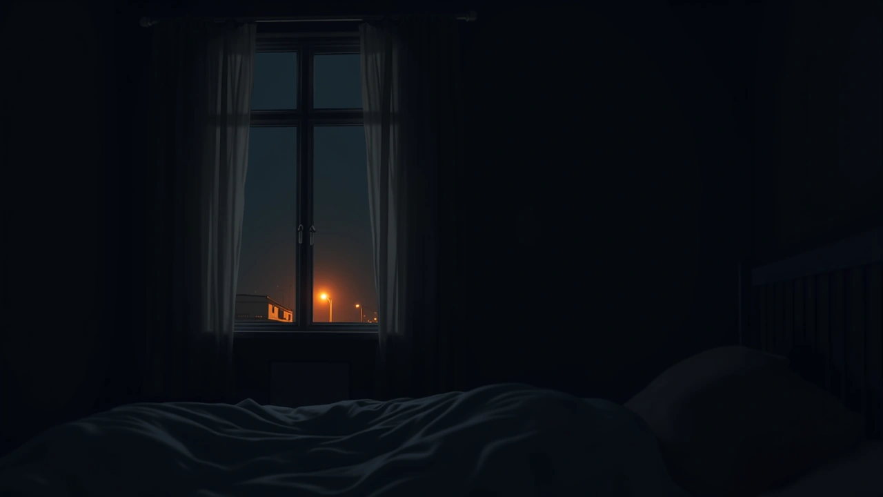 Illustration: a dark bedroom at night, curtains drawn and a faint streetlight glow at the window.