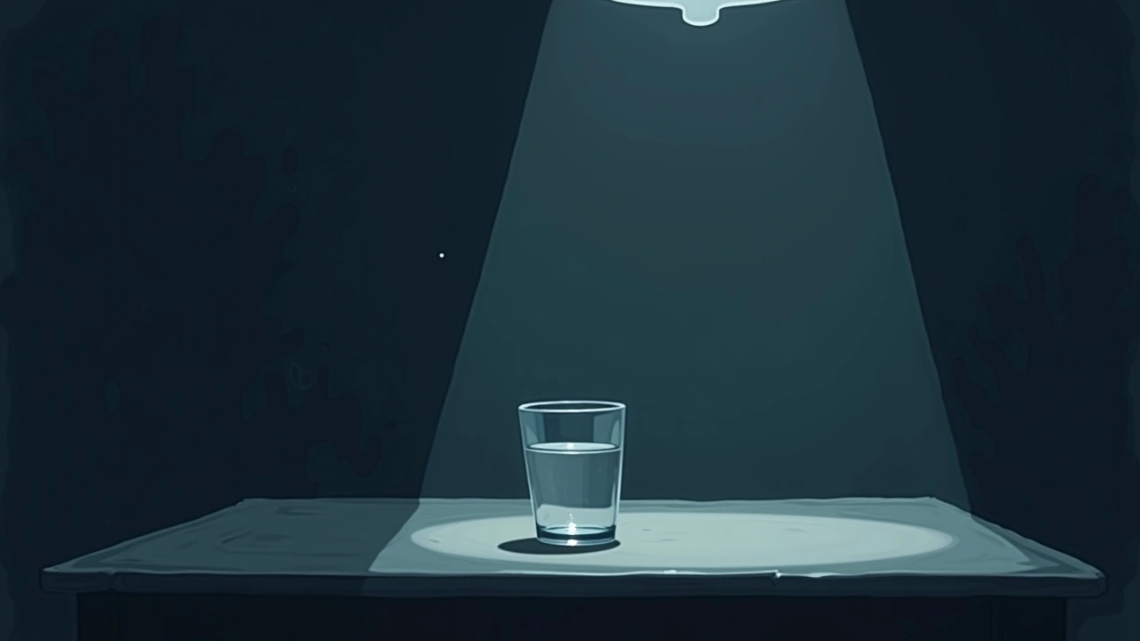 Illustration: a glass of water on a kitchen table in dim evening light.