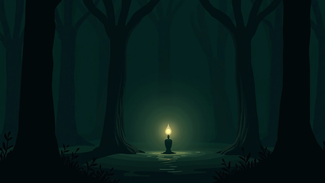Illustration: a single lamp flickering in a dim room at night.