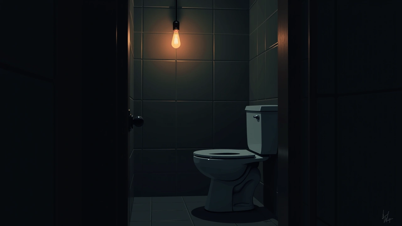 Illustration: a small tiled bathroom lit by a single bare bulb.