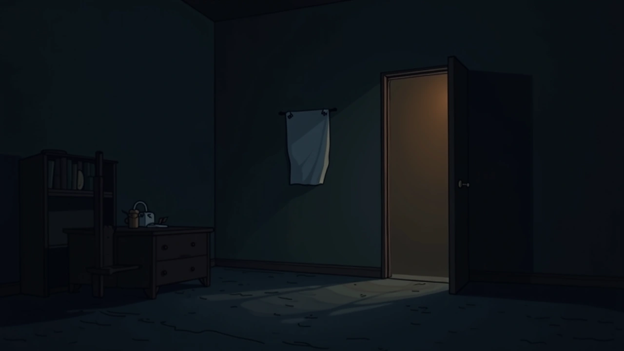Illustration: a poster on a bedroom wall lifting slightly in still air at night.