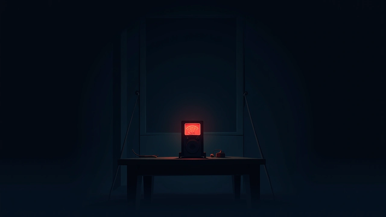 Illustration: a dark room with a glowing red meter on a table.