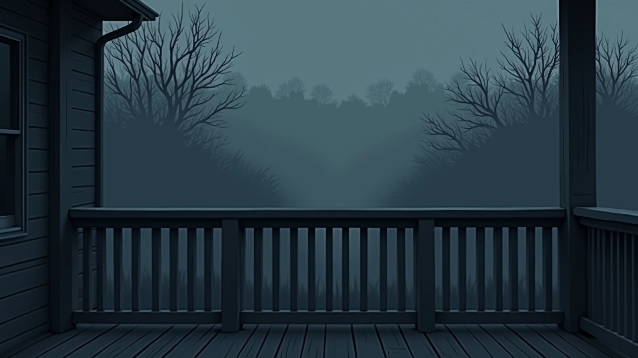 Illustration: a wooden deck railing overlooking a backyard at dusk.