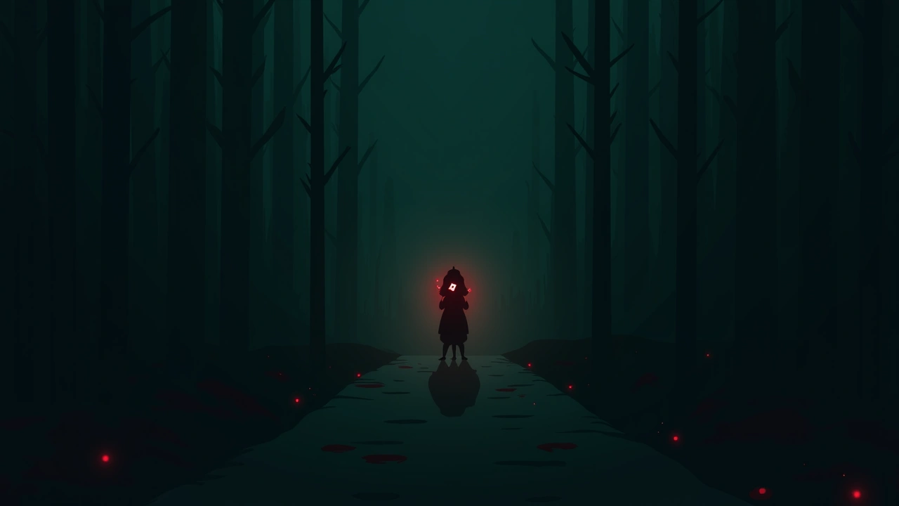 Illustration: a dark room lit red by a glowing phone screen.