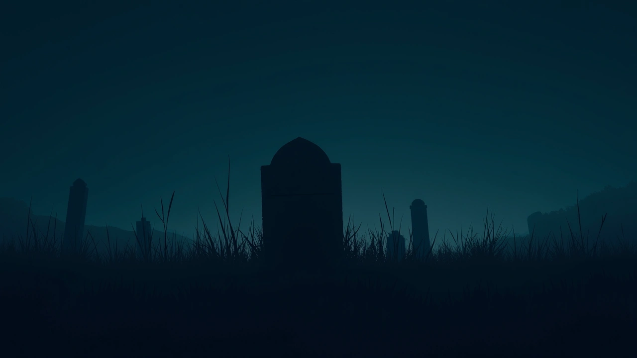 Illustration: an old gravestone in overgrown grass at dusk.