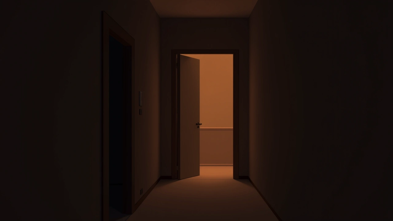 Illustration: a closed bedroom door at the end of a dark hallway, left untouched.