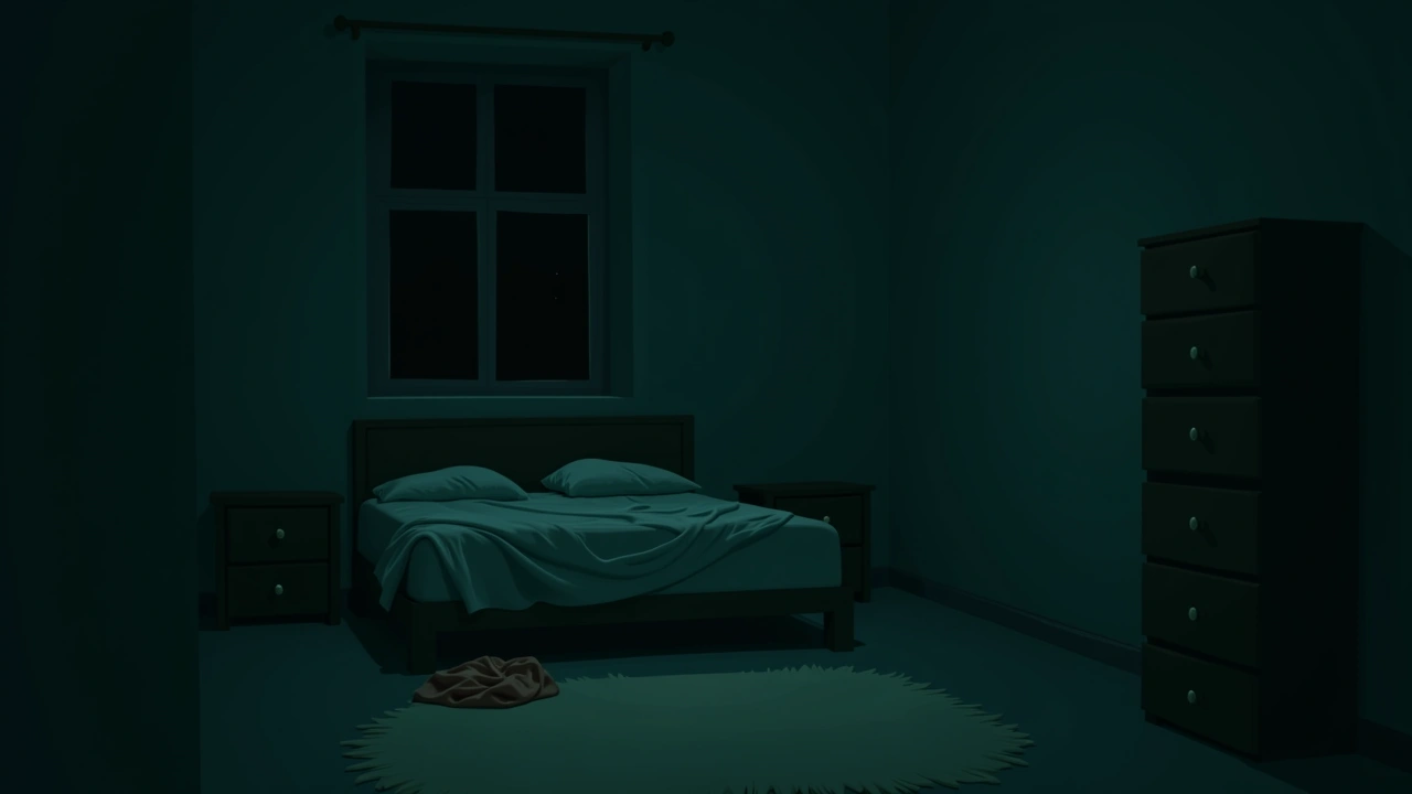 Illustration: a dark bedroom with the lights off and a blanket hanging down beside the bed.