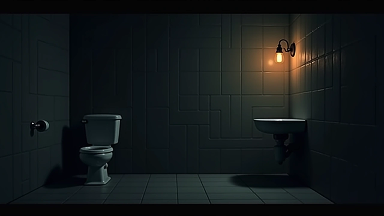 Illustration: an empty tiled bathroom lit by a single bare bulb.