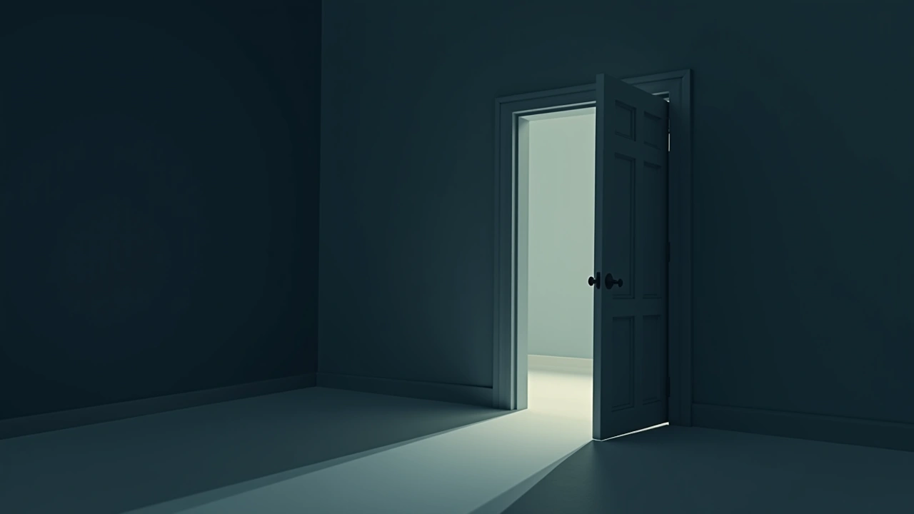 Illustration: a bedroom door standing slightly ajar in a dark room.