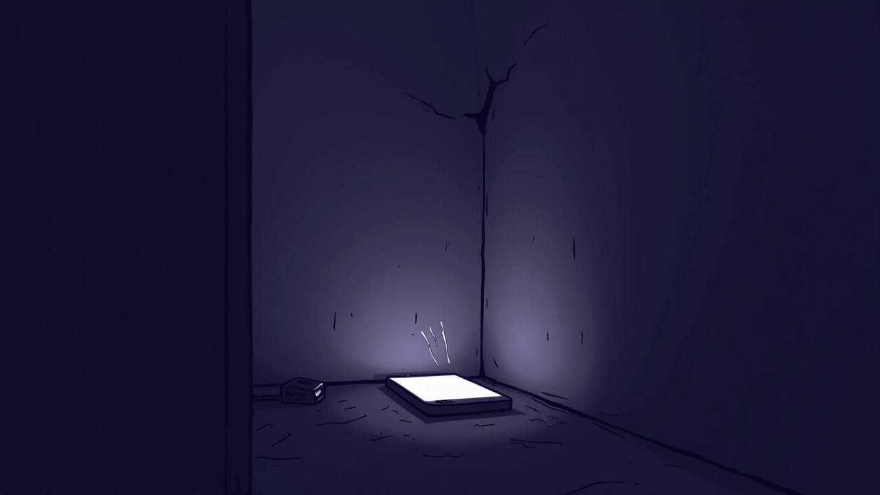 Illustration: A phone glowing softly in a quiet, dimly lit room, a faint trail of static drifting like an unseen visitor.