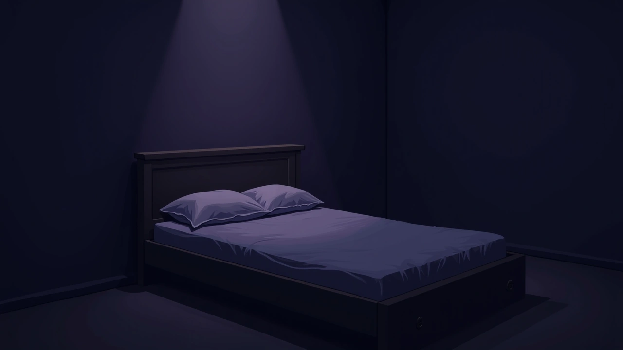 Illustration: A quiet, dim bedroom with an empty, neatly made bed.