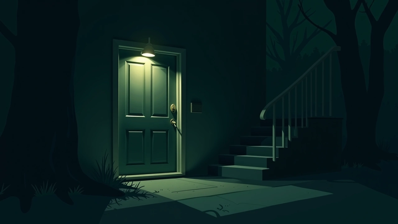 Illustration: an apartment front door lit by a porch light at night.