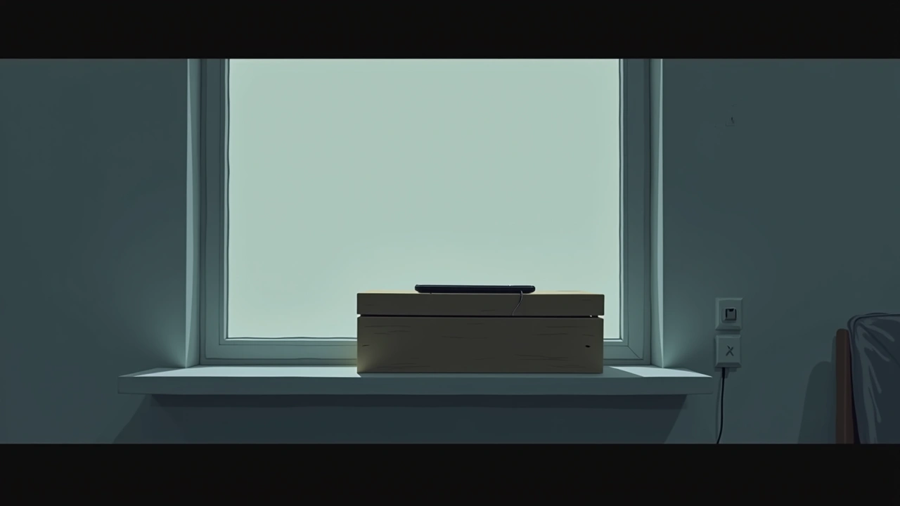 Illustration: a small wooden box on a shelf in a quiet living room, a phone resting on top of it.
