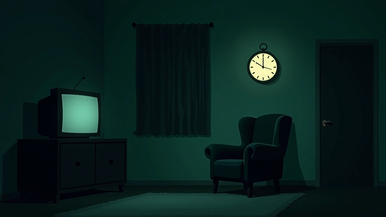 Illustration: a dim living room at night lit only by a TV, a wall clock glowing faintly above an empty armchair.