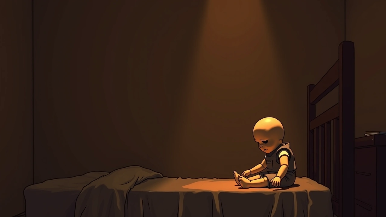 Illustration: a very lifelike doll sitting upright on a bed in dim light.