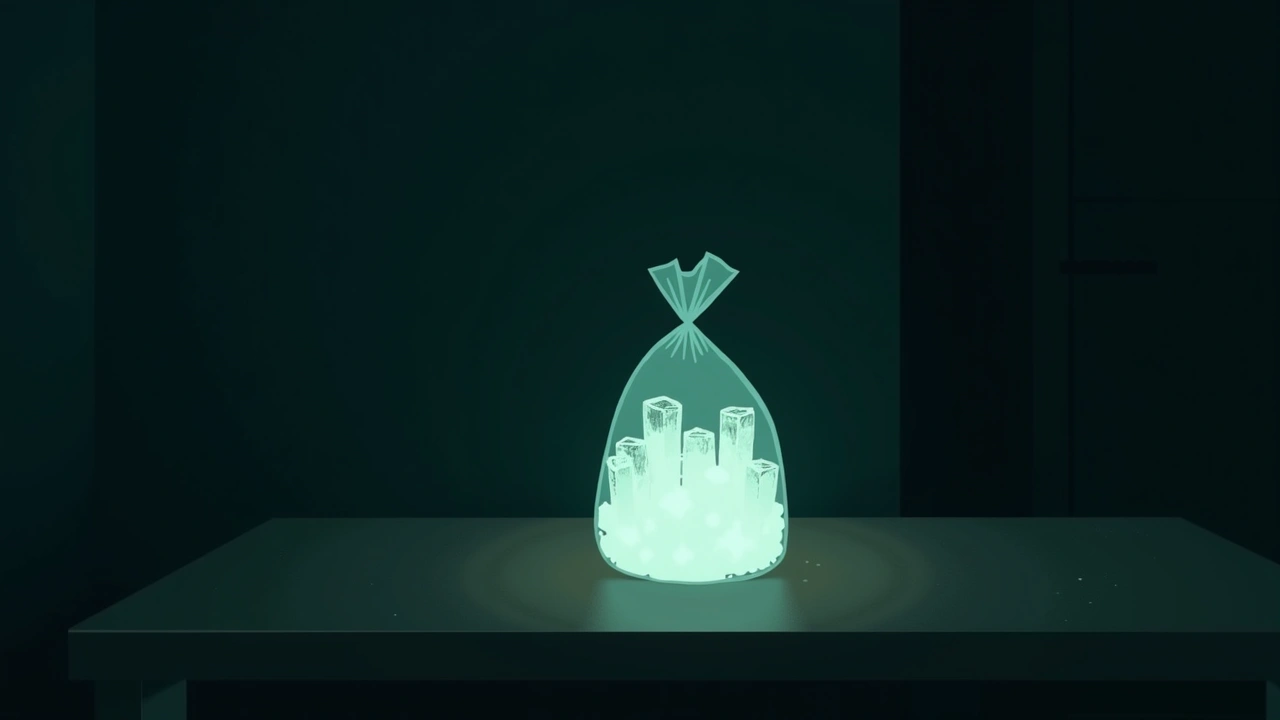 Illustration: a bag of ice glowing under a phone's light on a kitchen table at night.