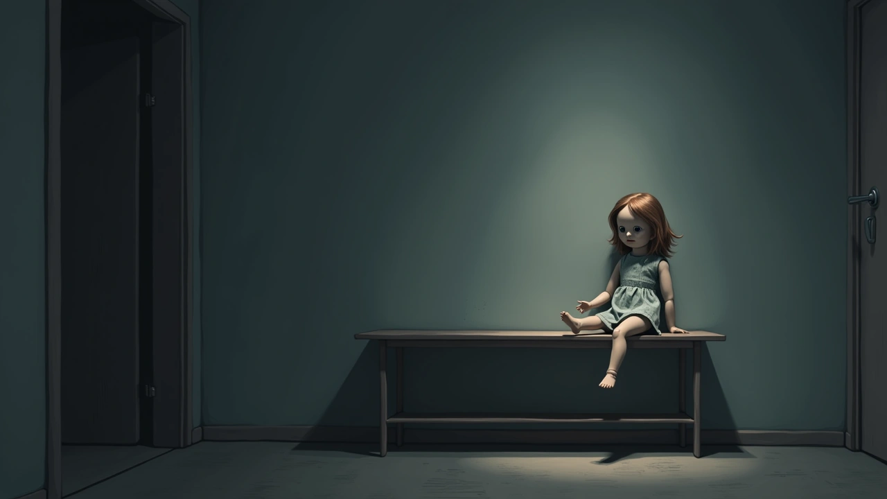 Illustration: a vintage doll seated on a wooden shelf in a dimly lit room.