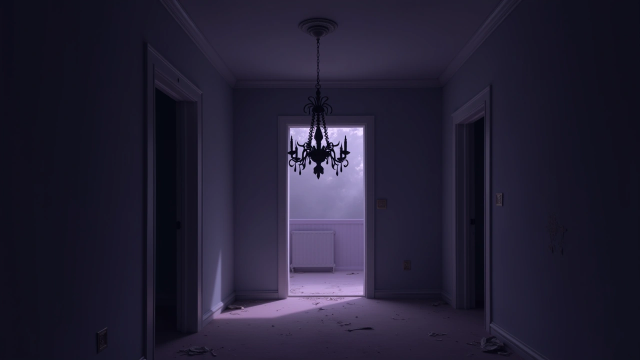 Illustration: An abandoned house with a chandelier swaying violently in a dim room.