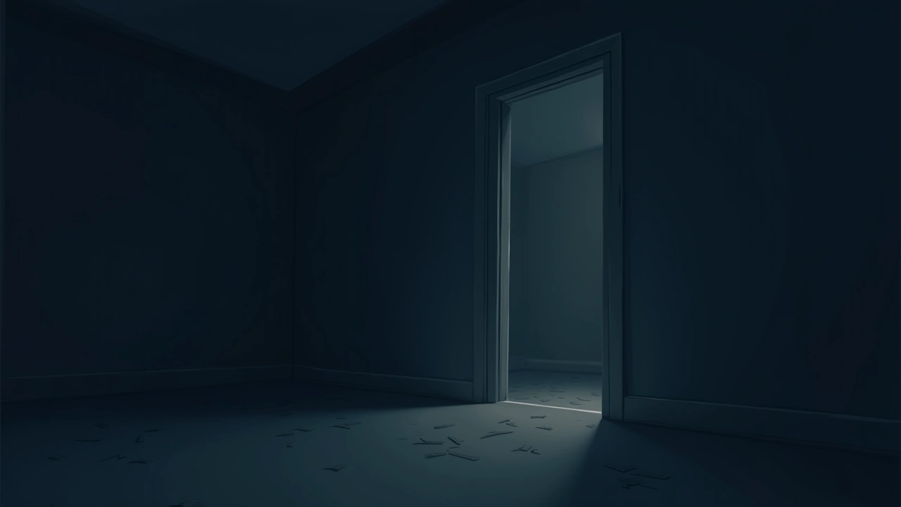 Illustration: a dim bedroom at night with a door left slightly ajar in the shadows.