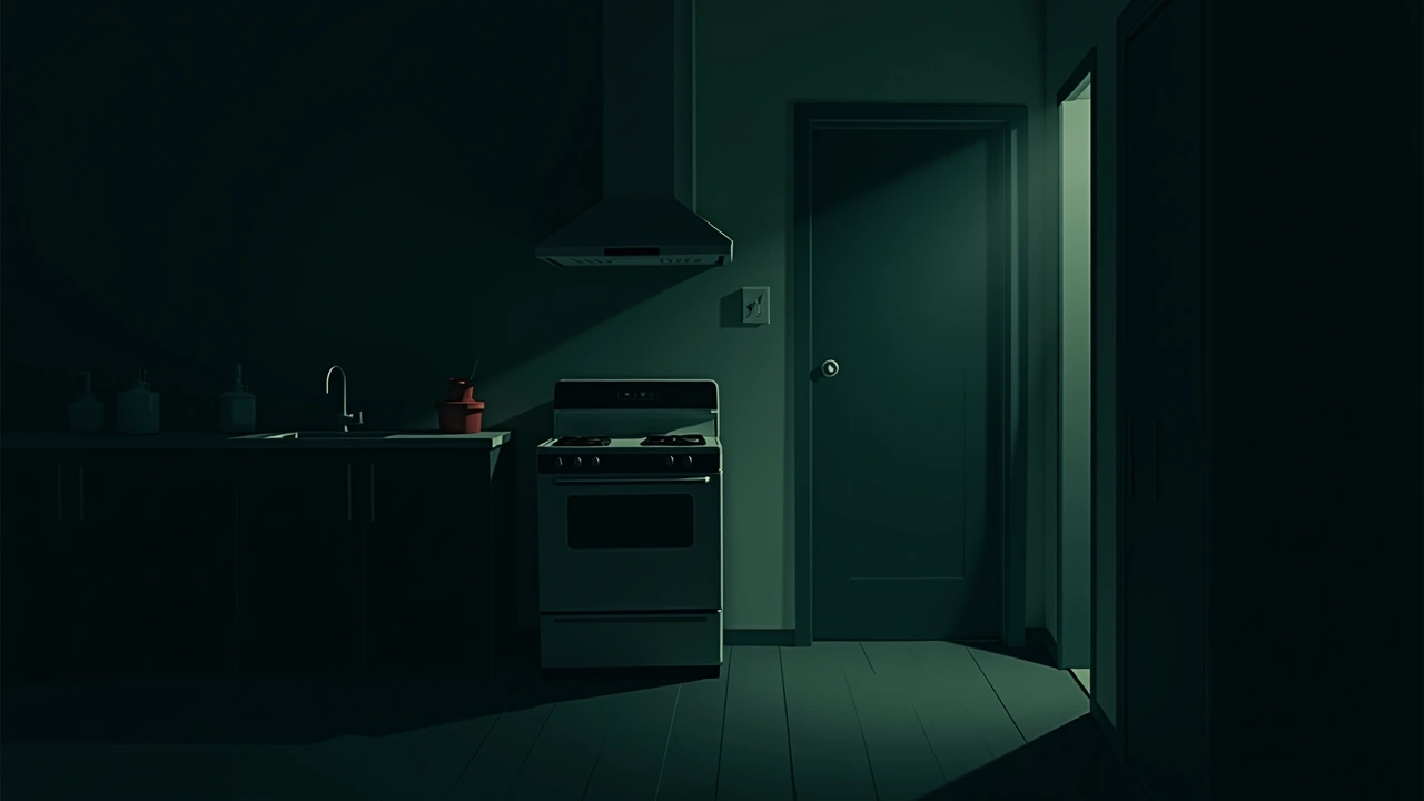 Illustration: a dark kitchen at night, lit only by a faint hallway light.