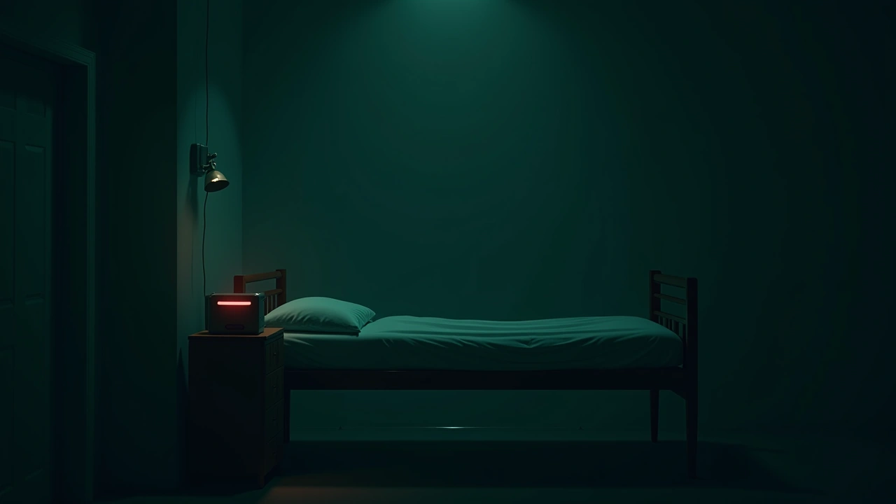 Illustration: a hospital room at night, a small device with a glowing red indicator on the bedside table.