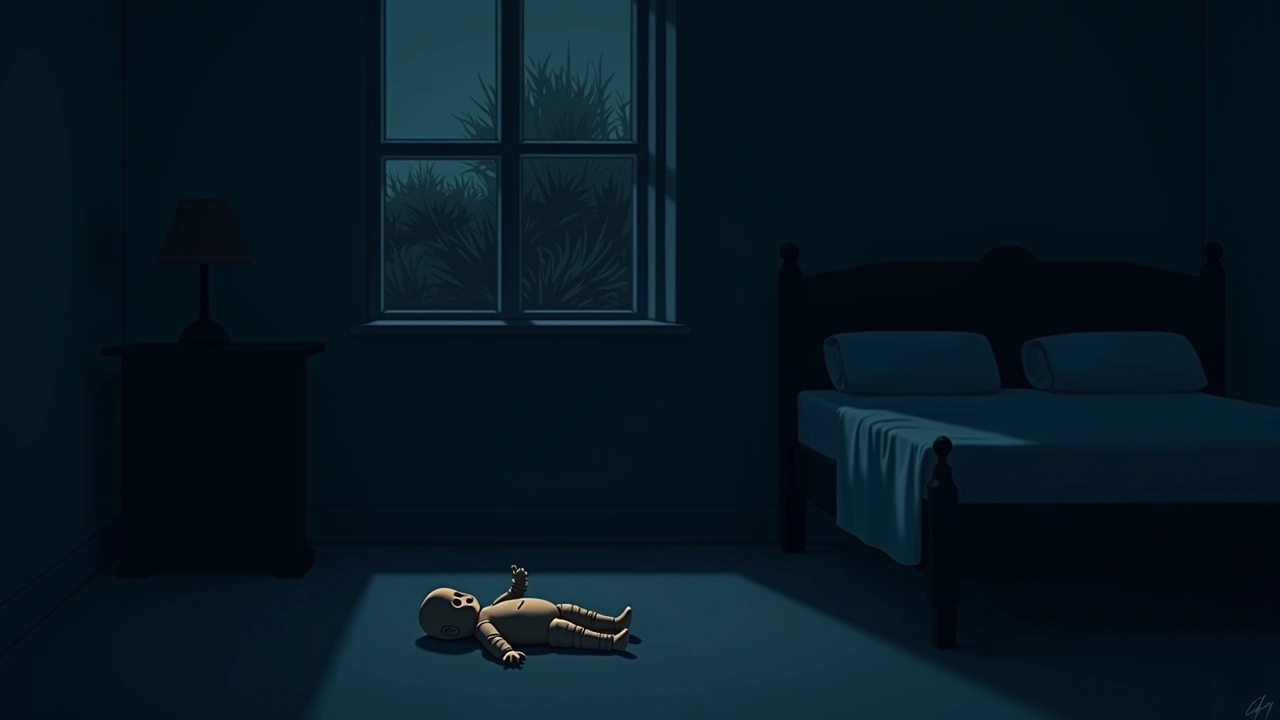 Illustration: a small doll on a bedroom floor, a garden visible through the window.