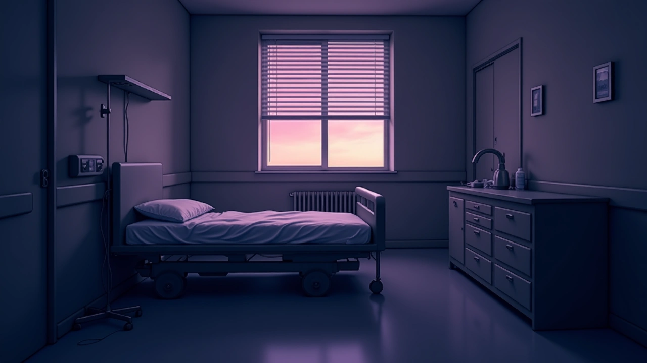 Illustration: a quiet hospital room at dusk, sunlight through half-closed blinds.