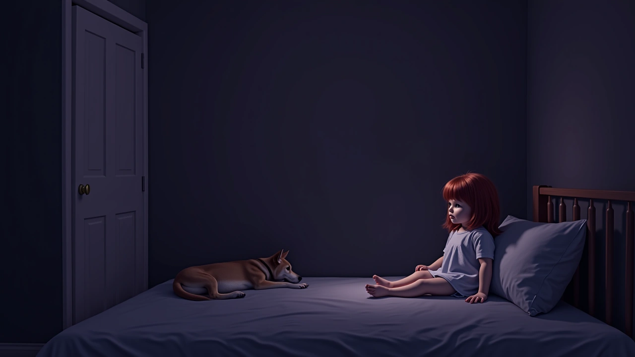 Illustration: A porcelain doll seated alone in a dim bedroom corner, a dog resting on the bed nearby.