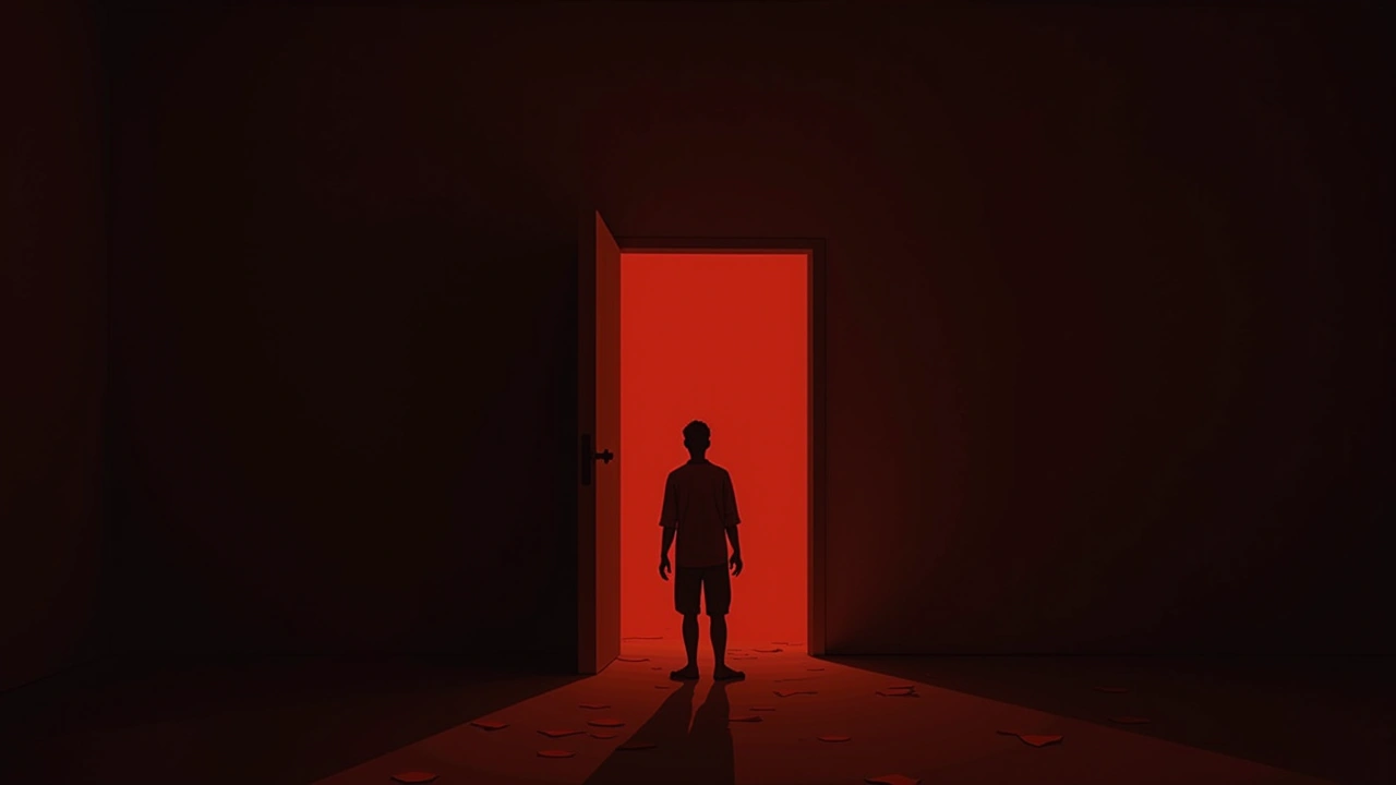 Illustration: a dim room bathed in a sudden red glow, silent at night.