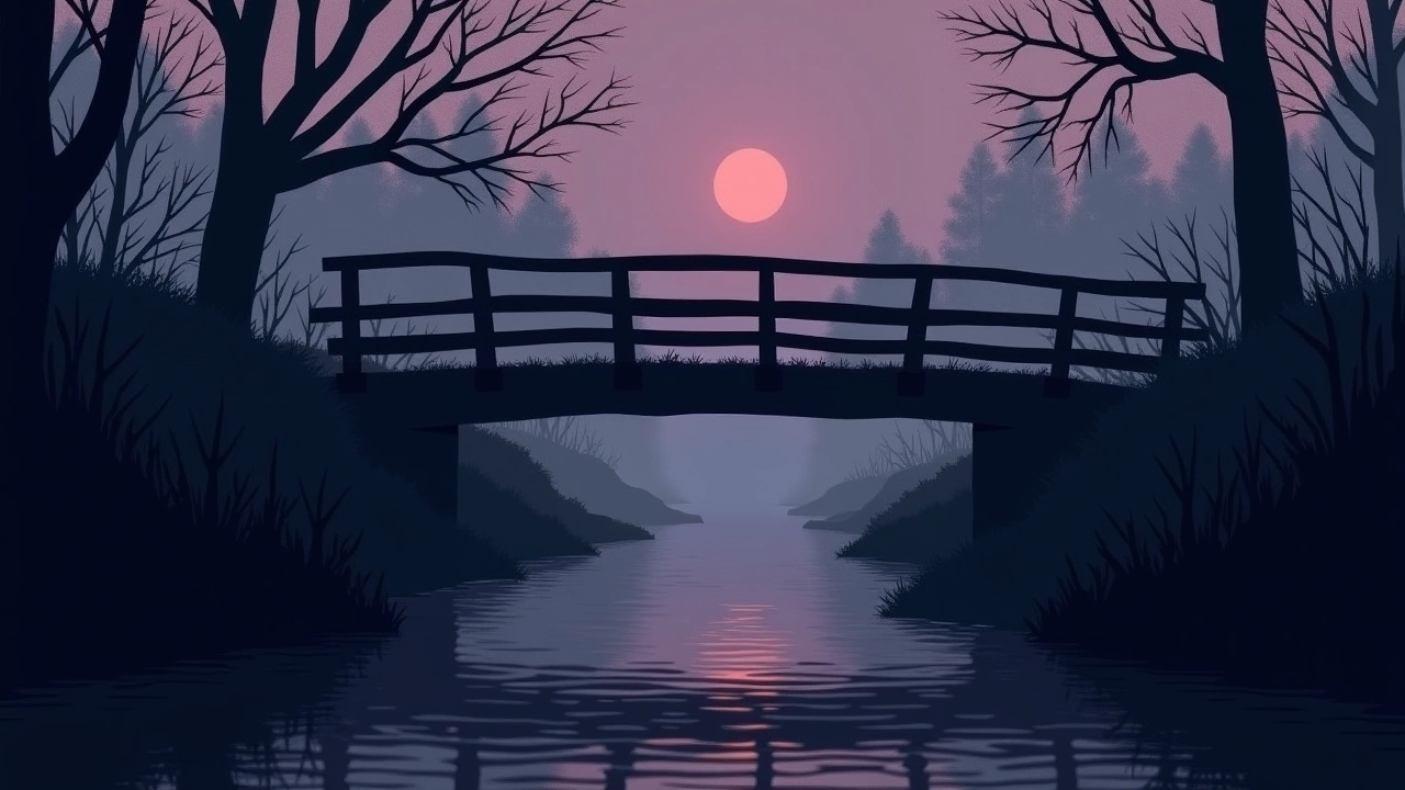 Illustration: A narrow creek beneath an old wooden bridge at dusk, mist rising off the water.