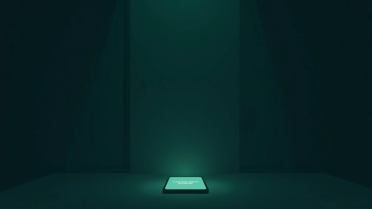 Illustration: a smartphone screen glowing with a single word displayed, in a dim room.