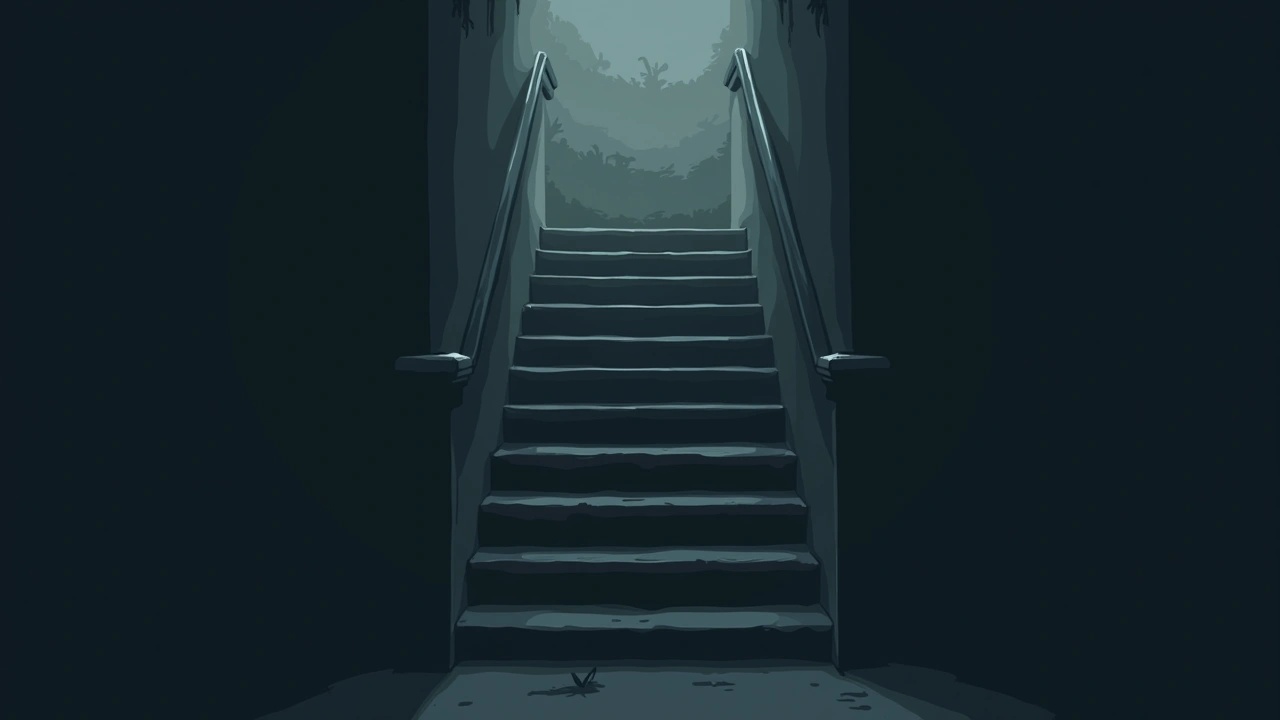 Illustration: dark basement stairs leading down into shadow.