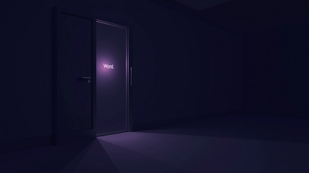 Illustration: a phone screen glowing faintly in a dark, quiet room, displaying a single word.