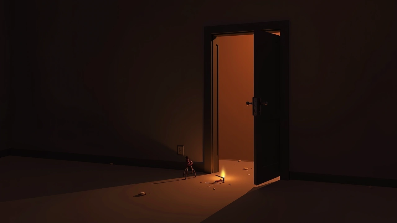 Illustration: A lit cigarette glowing in the dark near an open doorway at night.