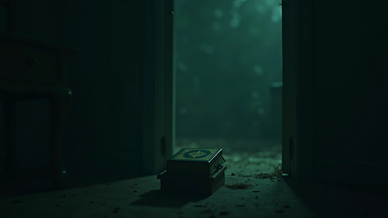 Illustration: a Qur'an resting on a wooden stand in the corner of a living room.