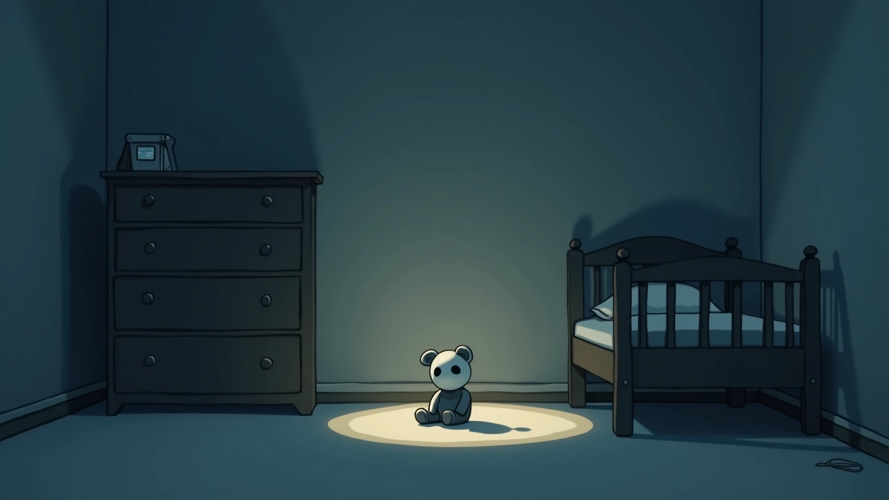 Illustration: a child's bedroom at night with a toy sitting motionless on the floor.