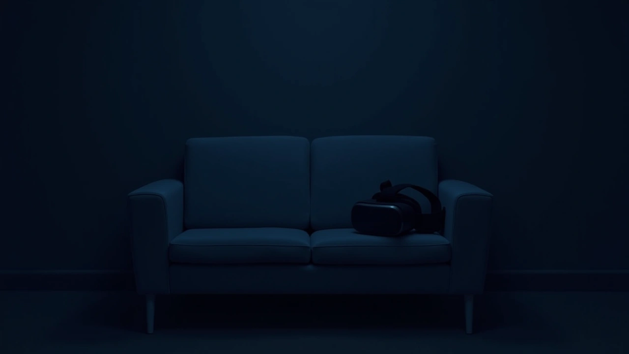Illustration: A VR headset resting on a couch in a dim living room.