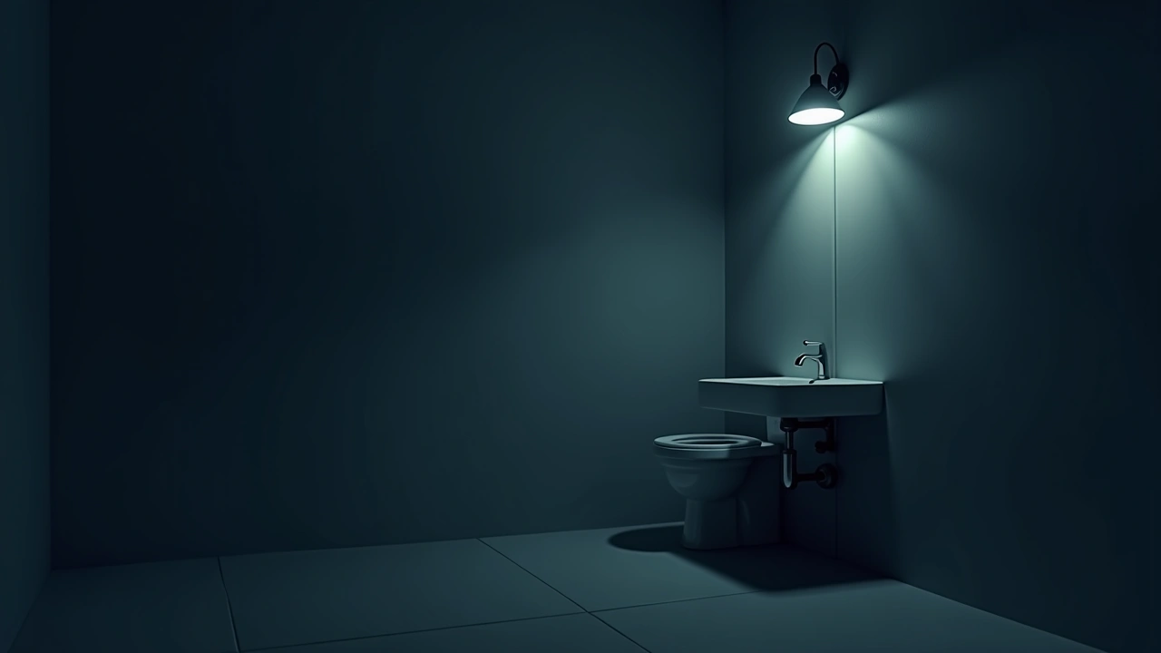 Illustration: a bathroom sink area at night, dimly lit.