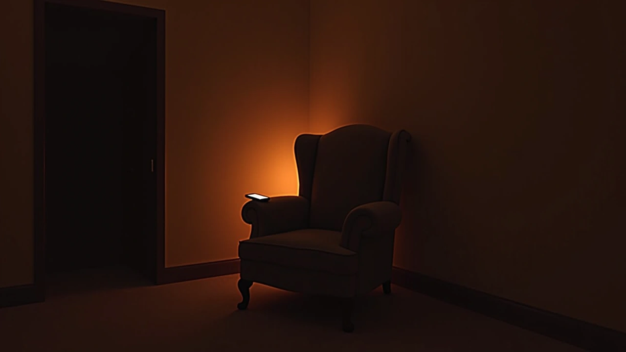 Illustration: an empty armchair in a dim room with a phone glowing on the armrest.