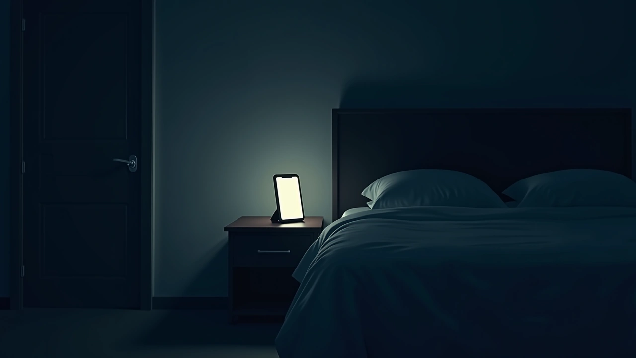 Illustration: a dim hotel room at night, a phone glowing softly on the nightstand.