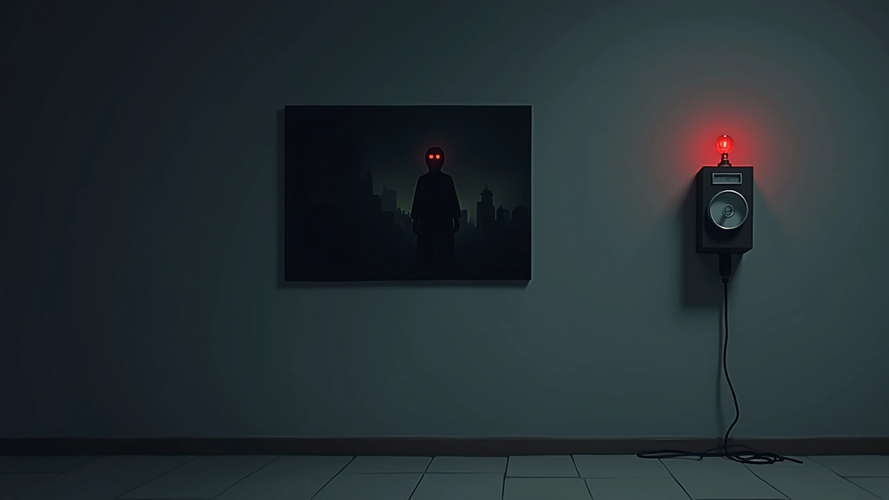Illustration: A dark, moody painting hanging on a wall beside a glowing red meter.
