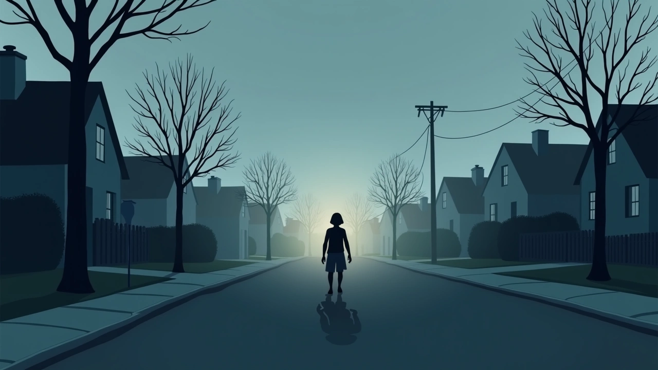 Illustration: a quiet suburban street on the walk home from school, late afternoon light.