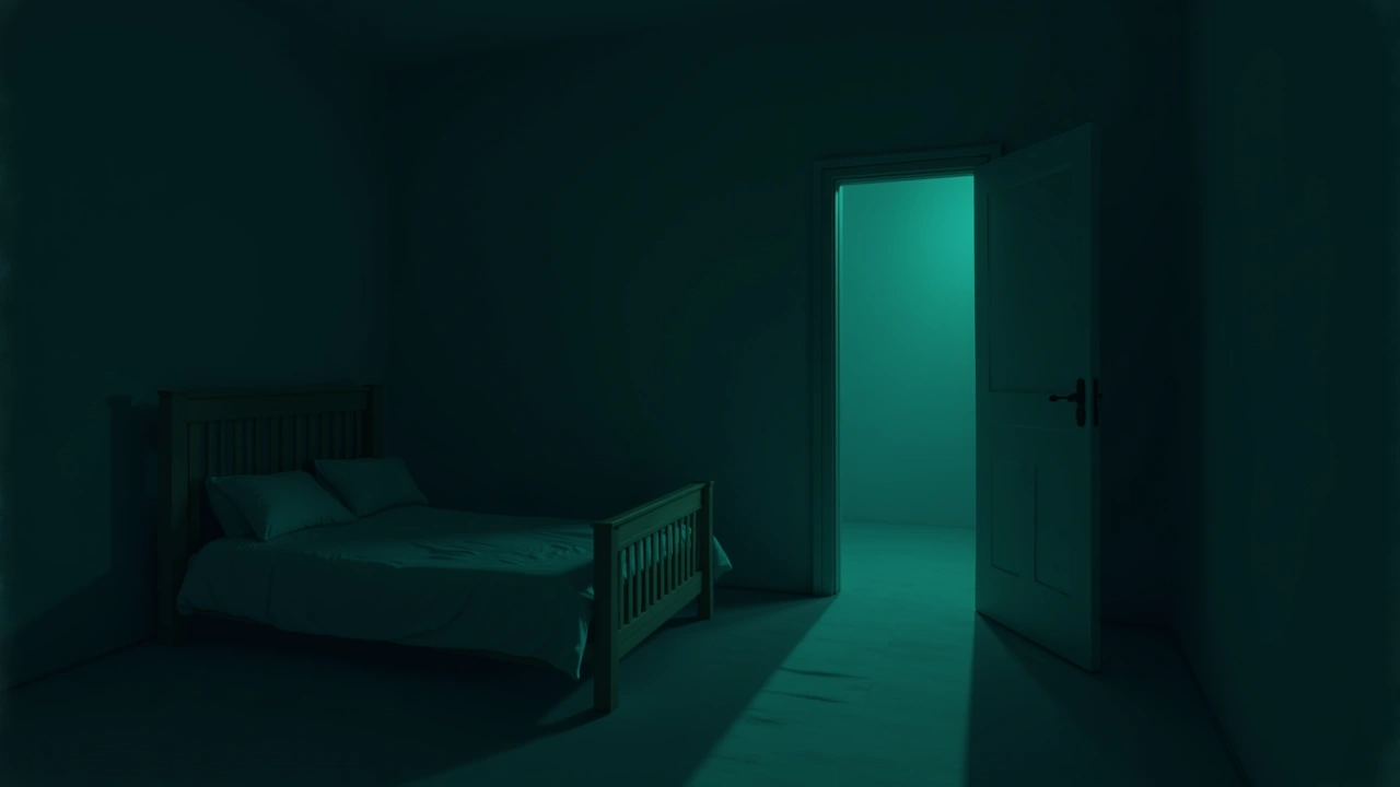 Illustration: a dim bedroom at night with the door standing half open.