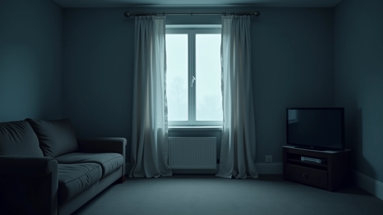 Illustration: a living room in flat afternoon daylight, the curtains pulled back.
