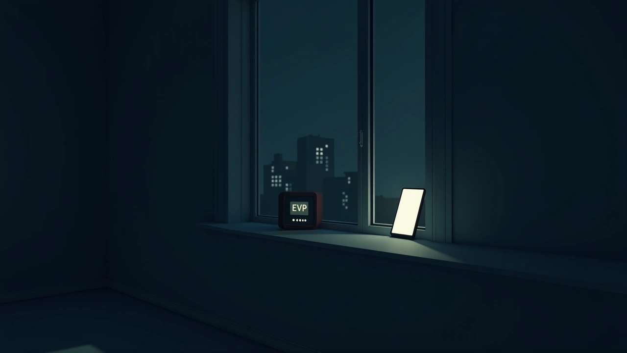Illustration: A dark room glowing with a phone screen, an EVP meter display beside an open window at night.