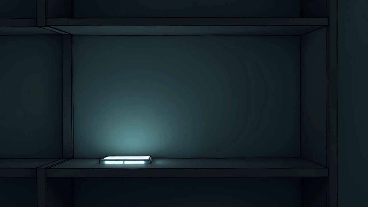 Illustration: A video game case resting beside a glowing phone on a dark shelf.
