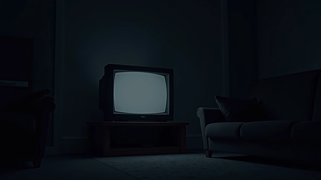 Illustration: A TV screen just switched off in a dim living room.
