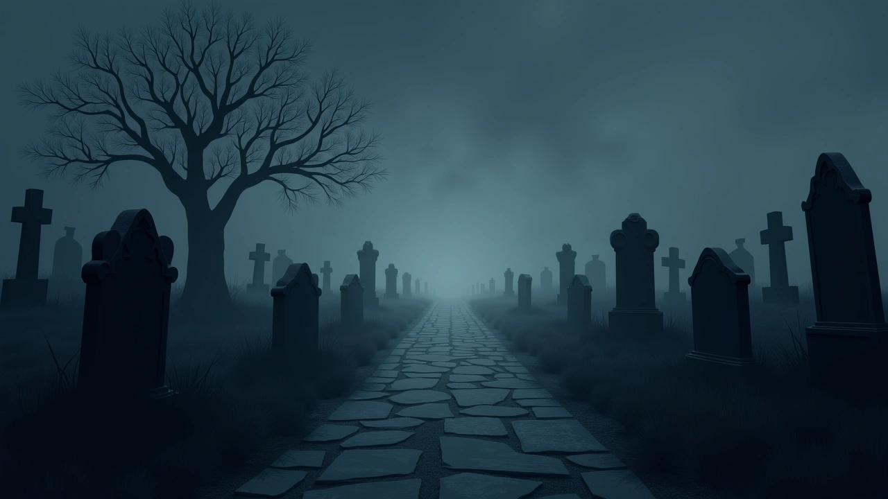 Illustration: a quiet cemetery pathway winding among old gravestones.