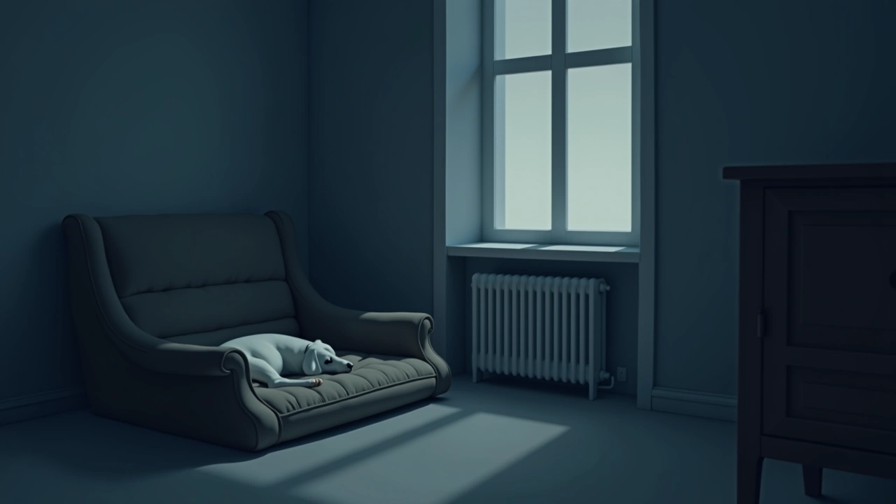 Illustration: a quiet living room with an empty pet bed in soft evening light.